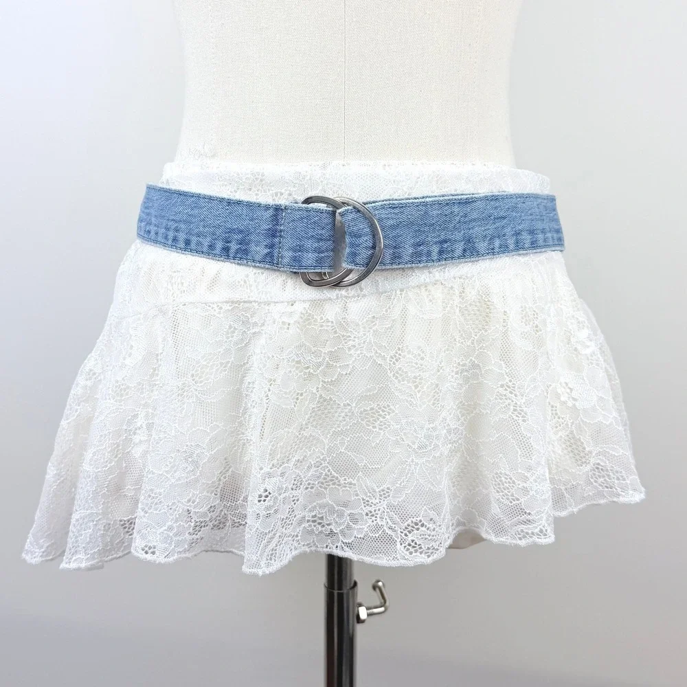 Y2K Denim Belt Womens S Blue Double Circle‎ Buckle Metal Vintage 41in